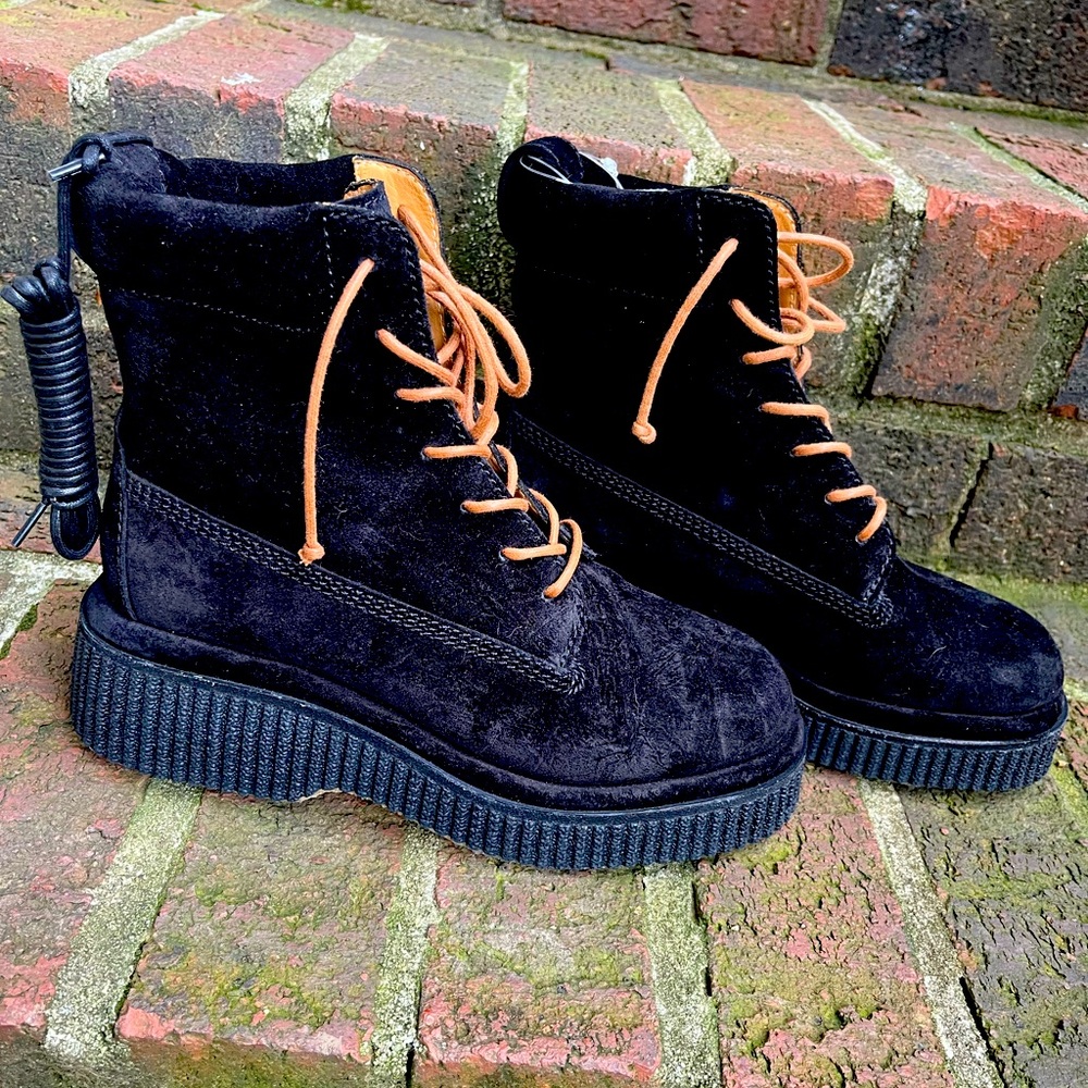 New Rag & Bone Sloane Black Suede Platform Boots with Tan Laces
